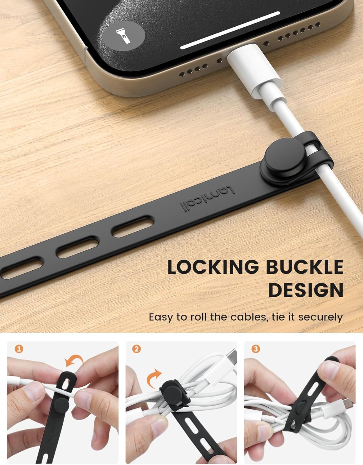 10Pack Silicone Cable Ties Cord Organizer Wrap - Lamicall Durable Reusable Wire Management with Lock Buckle, Elastic Charger Cable Strap Ties, Electrical Cord Keeper for Travel, Home Accessories