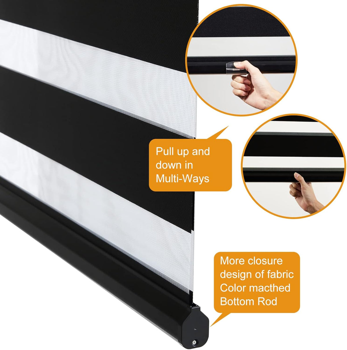 Persilux Cordless Zebra Blinds for Windows (58" W X 72" H, Black) Free-Stop Roller Windows Shades Dual Layer Light Control for Day and Night, Light Filtering Sheer Shades for Home, Easy to Install