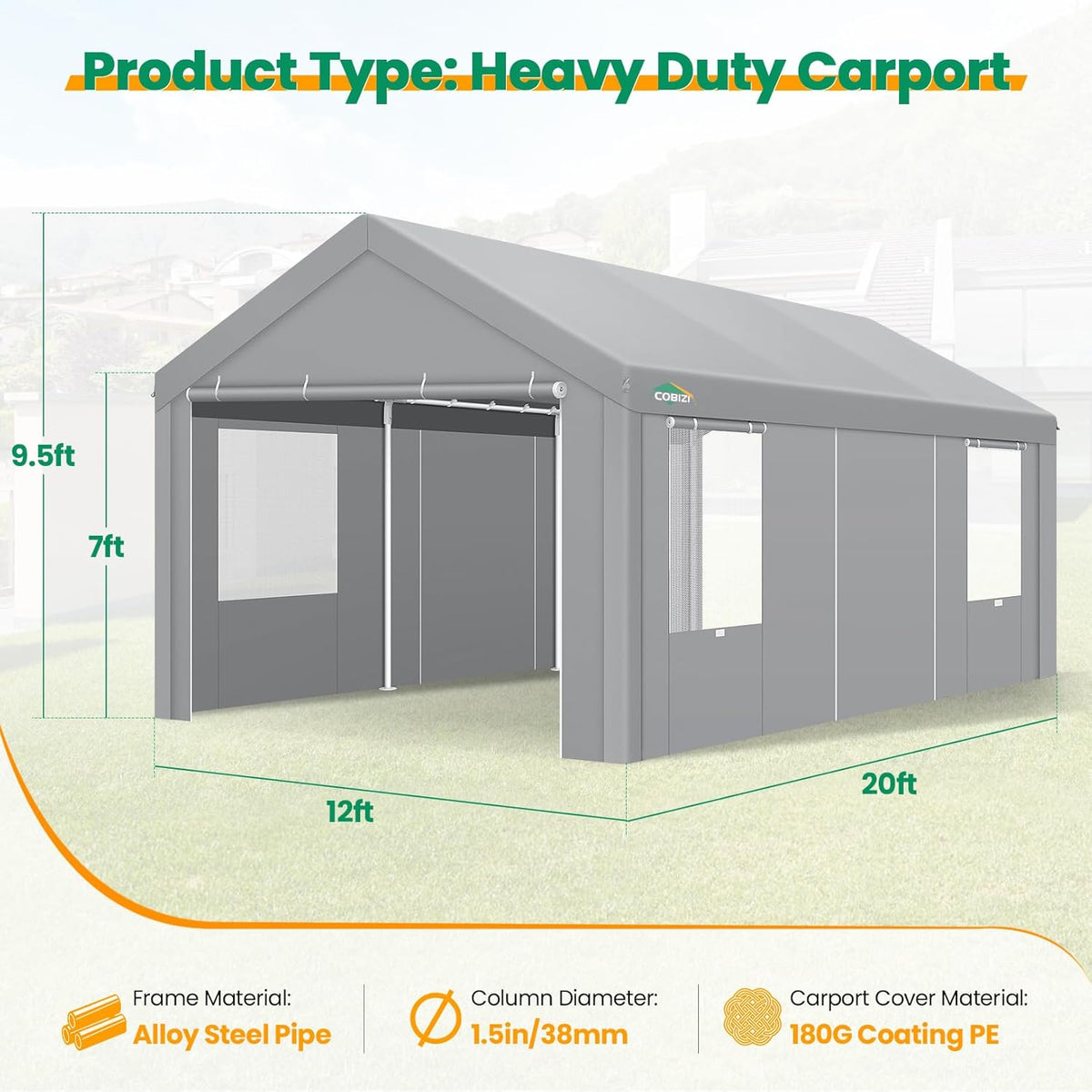 COBIZI Carport Canopy 12x20 Heavy Duty Portable Garage with Removable Sidewalls & Doors, Galvanized Frame Car Port Canopy Tent Waterproof with Built-in Sandbags for Car Boat Truck, Gray