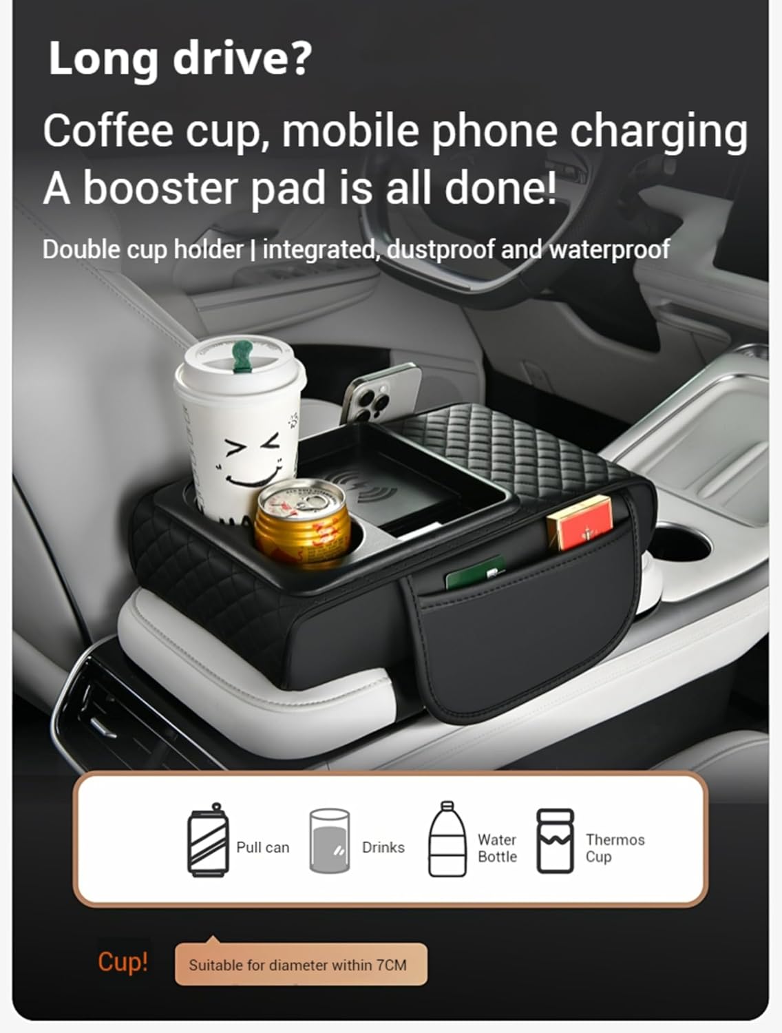 Upgrade Arm Rest Cover for Car, 5-in-1 Middle Console Cover Cushion Pad with Cup Holders & Side Pockets, Center Armrest Storage Box, Gray