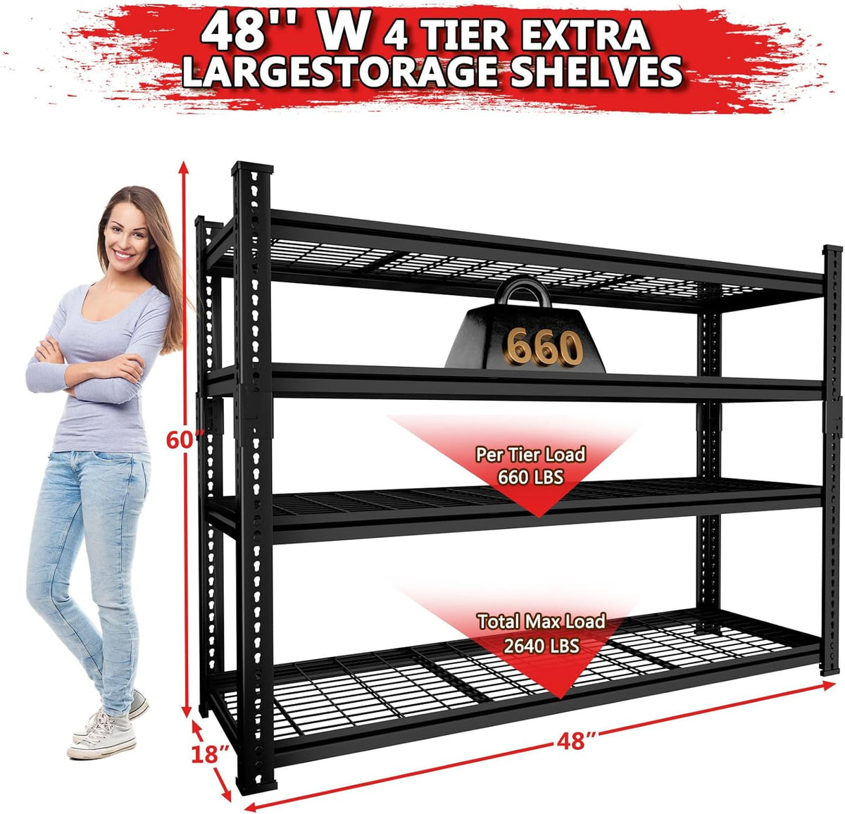 Storage Shelves 3PCS, Garage Shelving Heavy Duty 2640LBS Capacity, 48"L x 18"W x 60"H Adjustable Metal Shelving Organizer Wire Rack, 4 Tier Utility Shelf Unit for Pantry Closet Warehouse Organization