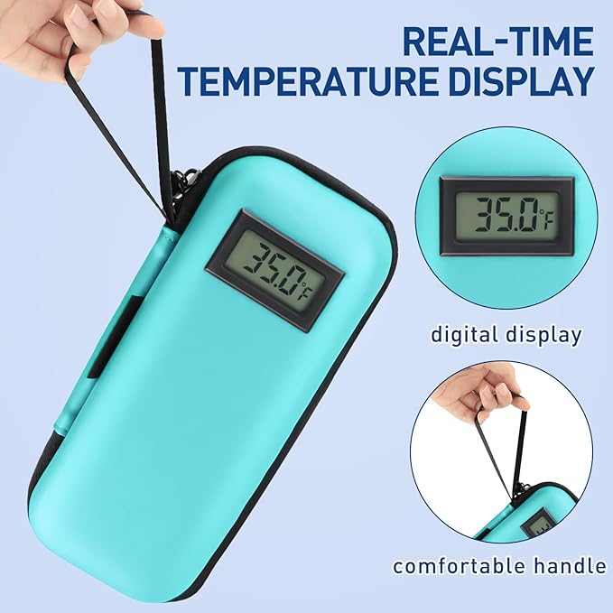 Insulin Cooler Travel Case, Portable Temperature Display Medicine Travel Cooler, Diabetes Case with 2 Reusable Ice Packs TSA Approved for Diabetic Supplies Patent Pending(Seafoam)