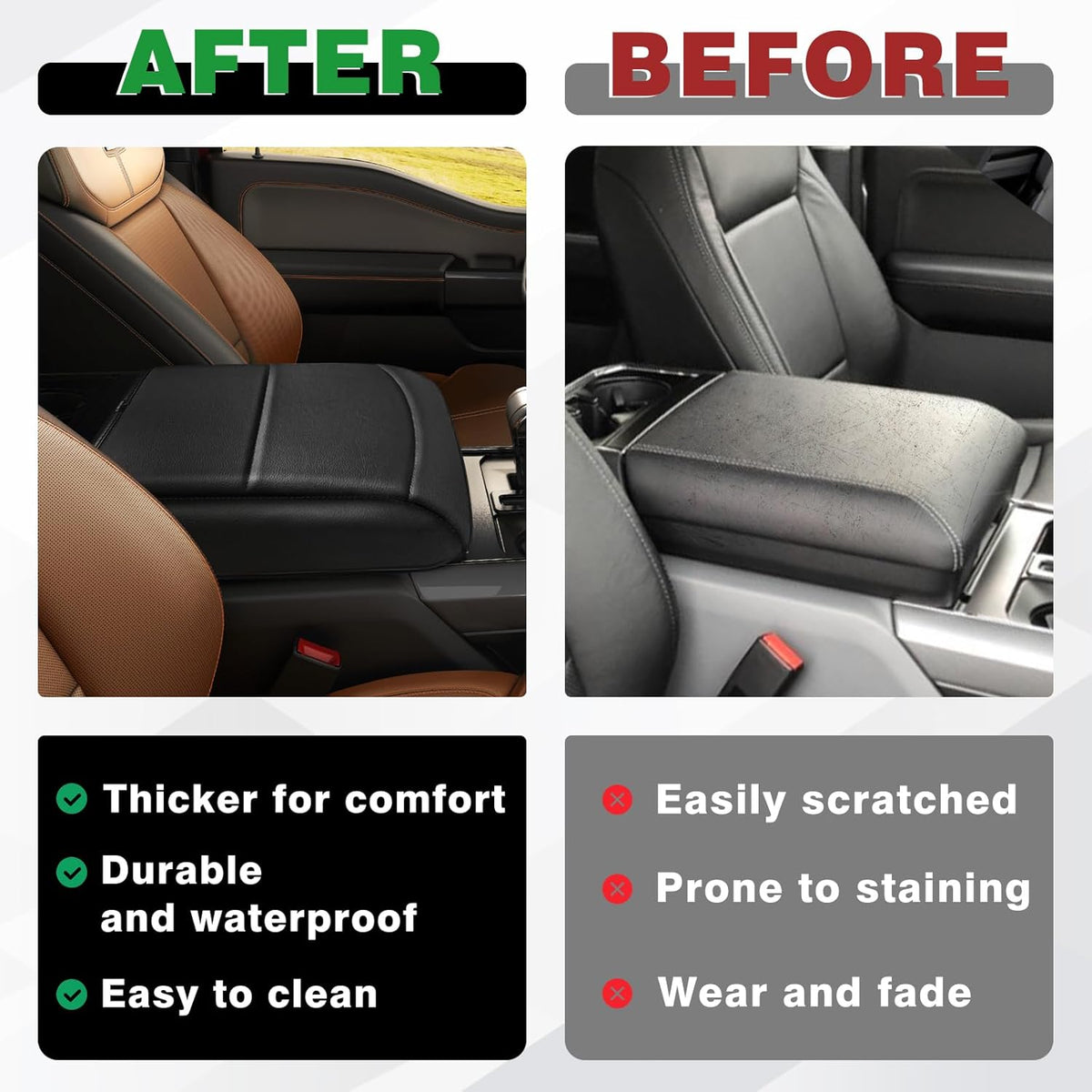 Muslogy Center Console Armrest Cover Compatible with Ford F150 2021-2024 2025 Comfort Armrest Pad Arm Rest Cushion Vegan Leather Protector 1-Inch Extra Thick(Bucket Seat ONLY)
