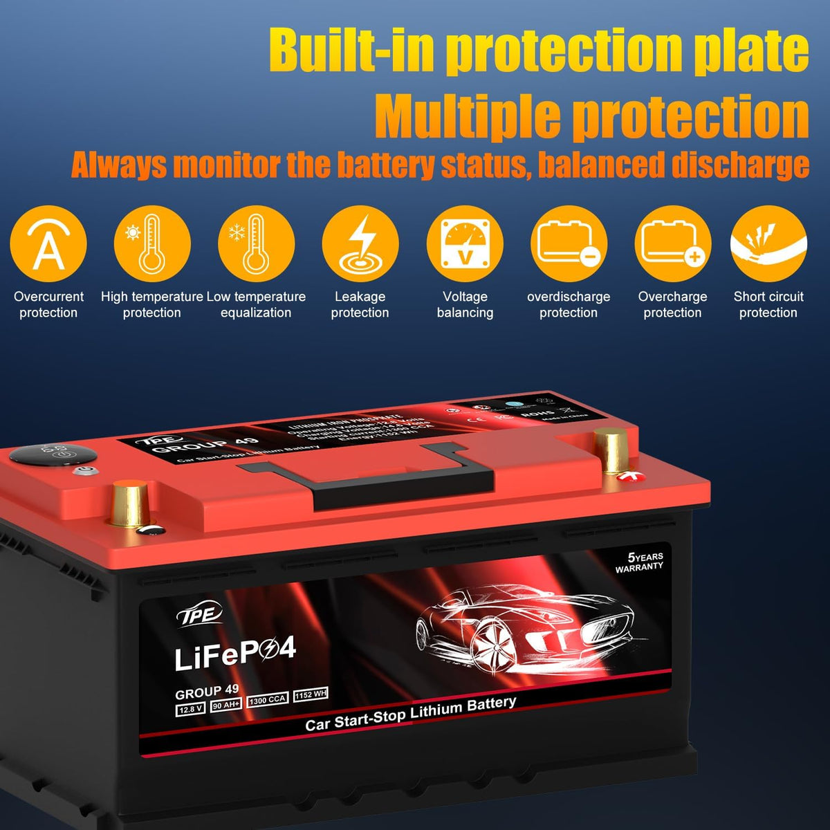 TPE Car Start-Stop Lithium Battery GROUP 49 12V 90AH Car Battery with 1300CCA – High-Performance Automotive Battery with 60 Months Warranty