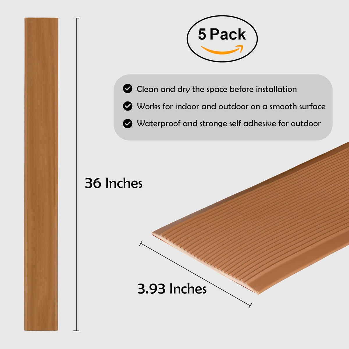 Rubber Bond 4x36in Anti Slip Stair Treads (5-Pack) - Waterproof Outdoor/Indoor Heavy Duty Non-Skid Tape for Stairs - Adhesive Rubber Grip Strips for Steps & Ramps - Brown
