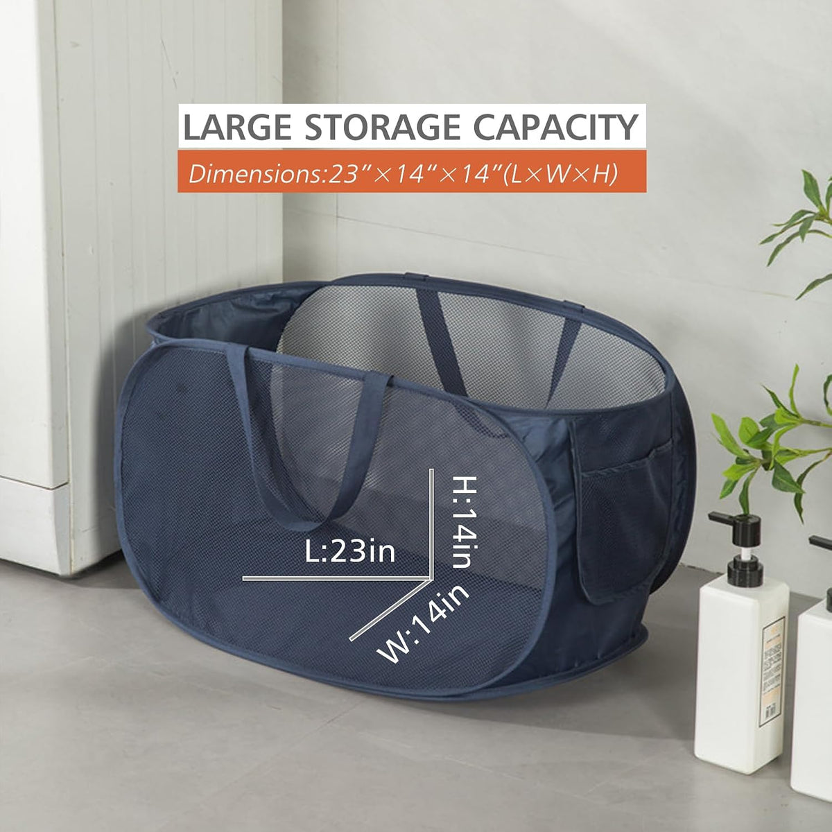 HONOMA Sturdy Mesh Laundry Hamper Basket Bag,Pop up Basket with Side Pocket for Laundry Room, Bathroom, Kids Room, College Dorm or Travel (Pop Horizontal, Black)