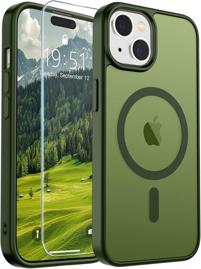 SUPFINE Magnetic for iPhone 15 Case (Compatible with MagSafe) (Military Grade Drop Protection) Slim Translucent Matte Shockproof with Anti-Fingerprint Phone Case, Cangling Green
