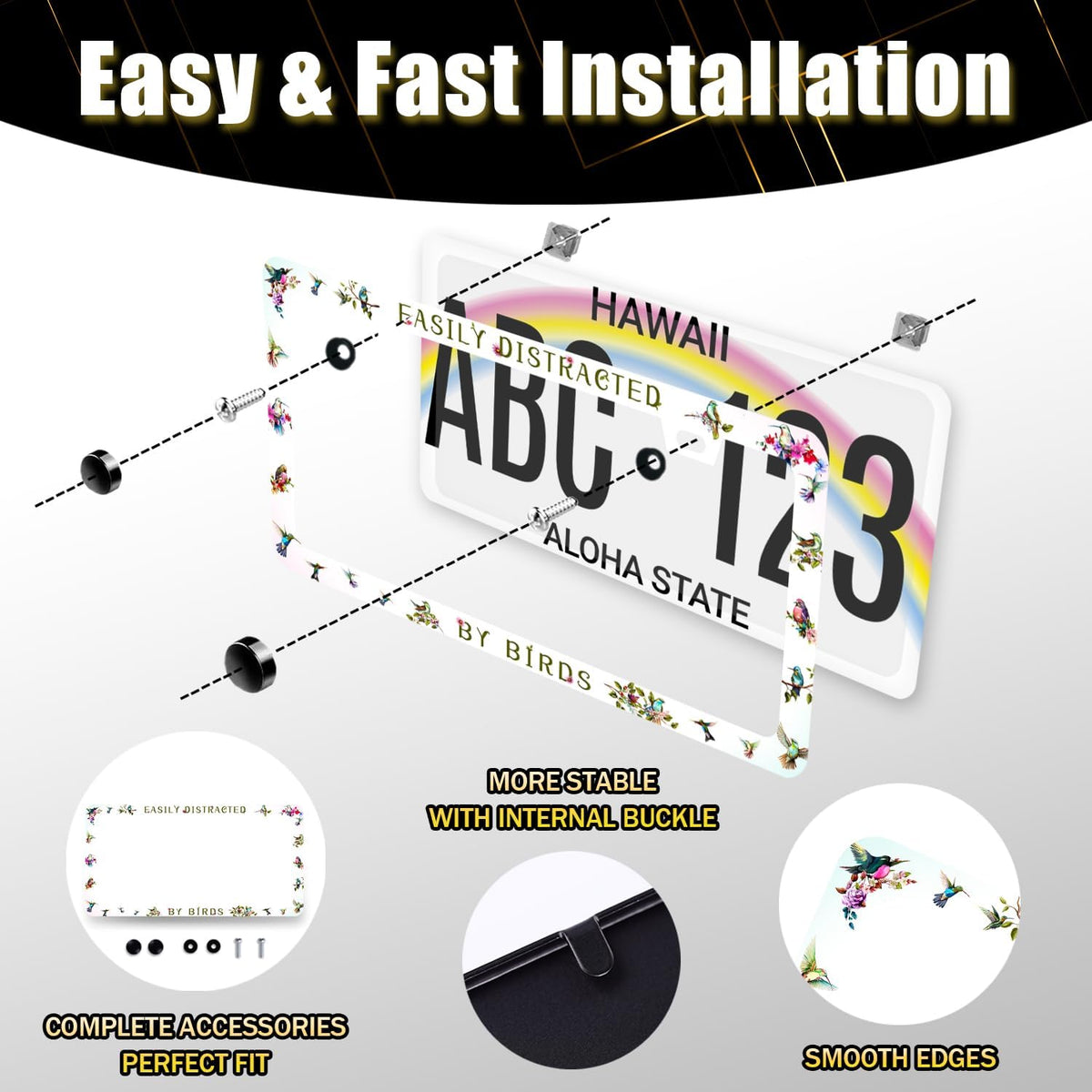Easily Distracted by Birds License Plate Frame Funny Birds License Plate Holder Colorful License Plate for Car Decoration Stainless Steel Animal Auto Parts with Screws Men Women 12.3" x 6.3"