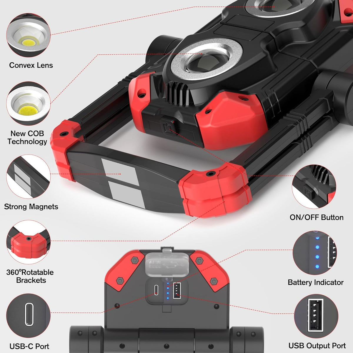Adelante 2Pack Rechargeable LED Work Light with Magnetic Bases, 2500LM 6500K 12 Hours Long Lasting, Mobile Charger, 360°Rotating Stand Waterproof USB Portable Flood Light for Mechanics, Repairing