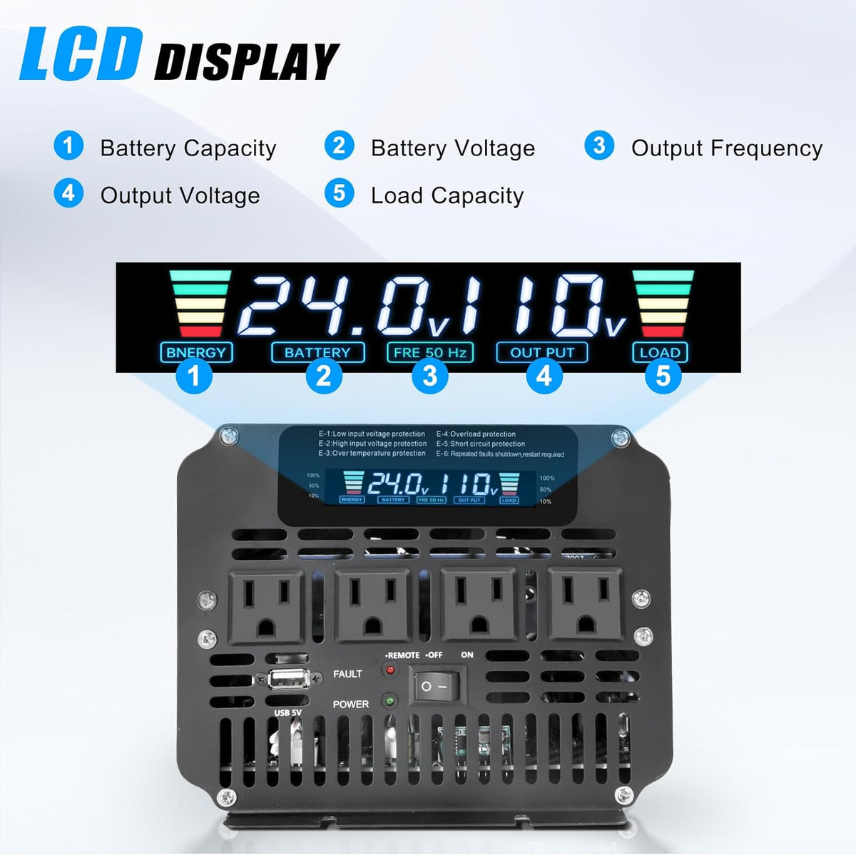 LVYUAN 4000 Watt Power Inverter 24V to 110V 120V for Vehicle, Solar Inverter System, Heavy Duty, RV, Truck, Off Grid,Camping with 4 AC Outlets, LCD Display, Wireless Remote Control, Car Power Inverter