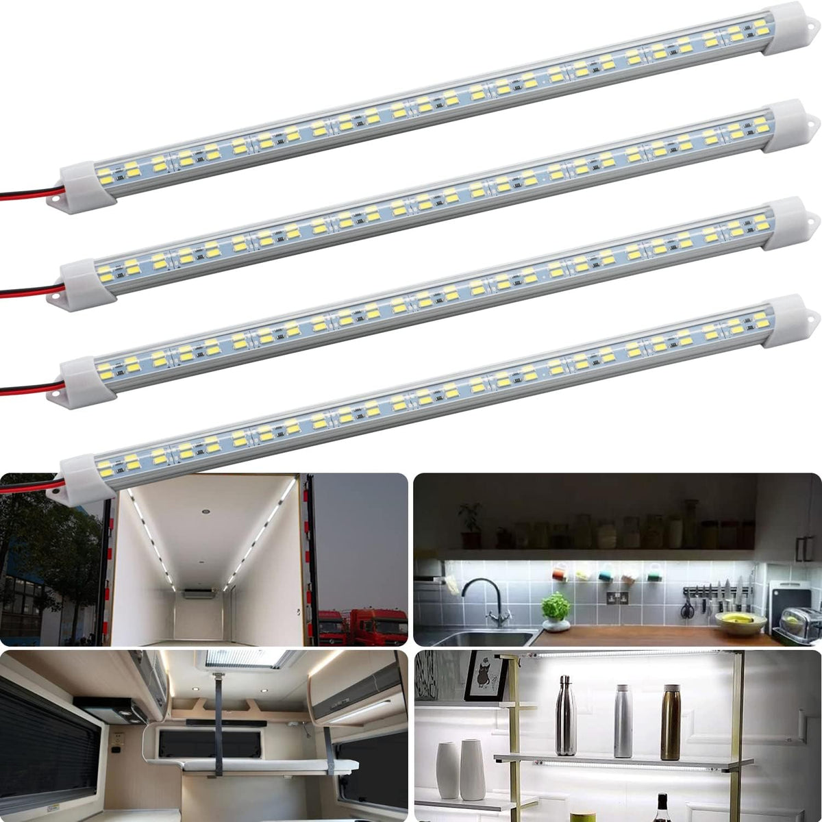12V Interior LED Light Bar for Car,12V LED Light Strip 54 LEDs Lighting Super Bright 7000K White Color DIY Cabinet LED Light Strip for Car,Trailer,Motorhome,Van,RV,Truck Bed Lights(4 Pack)