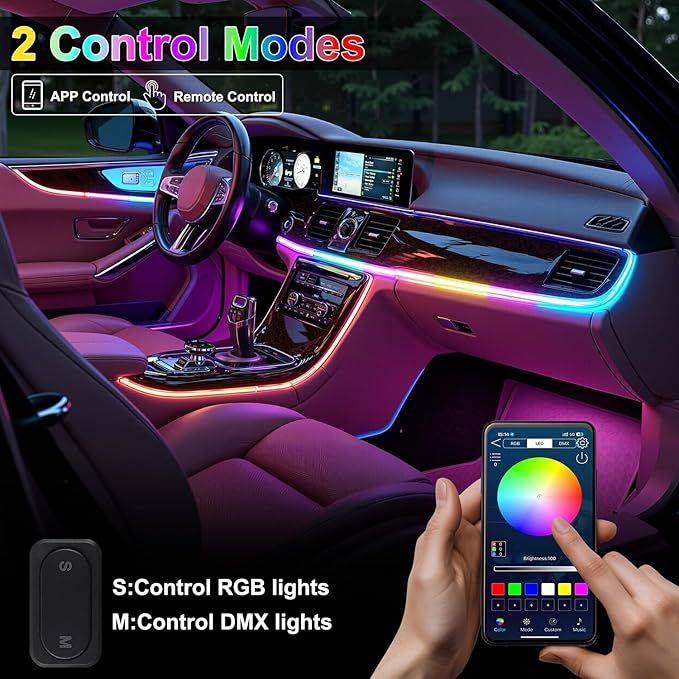 Dreamcolor Acrylic Interior Car LED Strip Lights, 6 in 1 Ambient Lighting Kit with Wireless APP, Dynamic Chasing Music Sync Fiber Optic Lights with DIY Mode, Car Inside Lighting Accessories