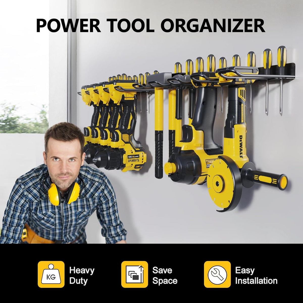 2 Pack Drill Holder, Power Tool Organizer Wall Mount, Heavy Duty Garage Storage and Tool Organizer, Ideal Garage Organization Gifts for man, 8 Slots for Power Tools and 32 Screwdriver Rack