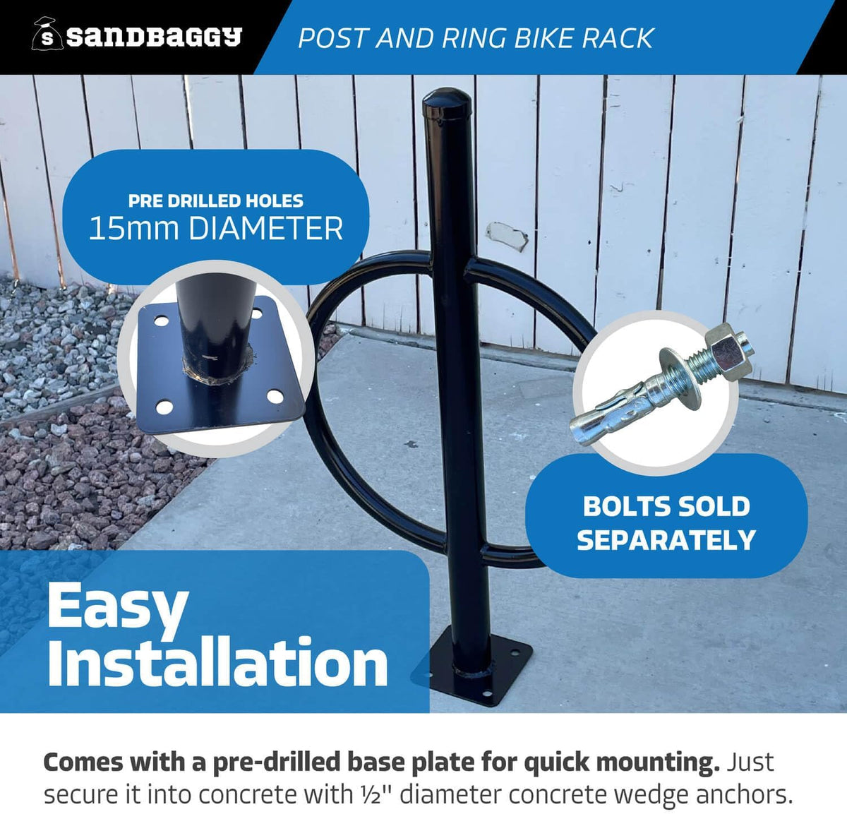 Sandbaggy Post and Ring Bike Rack - Commercial Bike Racks - Galvanized Steel - Anti-Theft Design - In Ground, Apartments, Sidewalks, Industrial (Blue, 1)