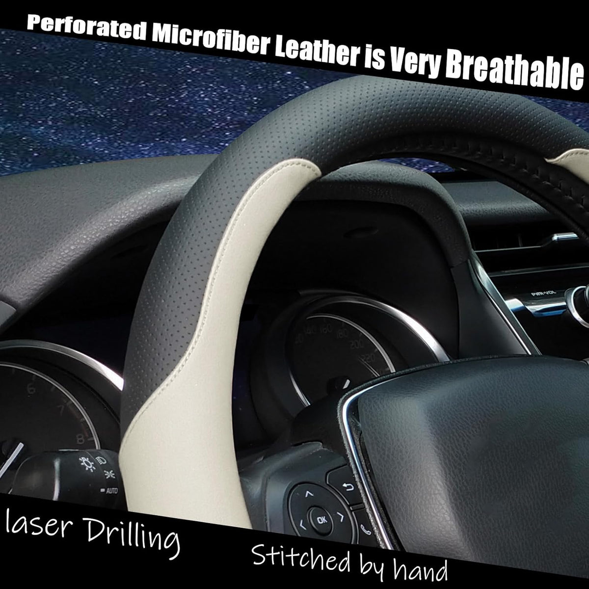 Steering Wheel Cover Standard Size Medium 14.5-15 inch, Breathable Microfiber Leather, Anti-Slip, Soft Grip, Universal Fit for Cars SUVs Trucks, Black and Creamy White