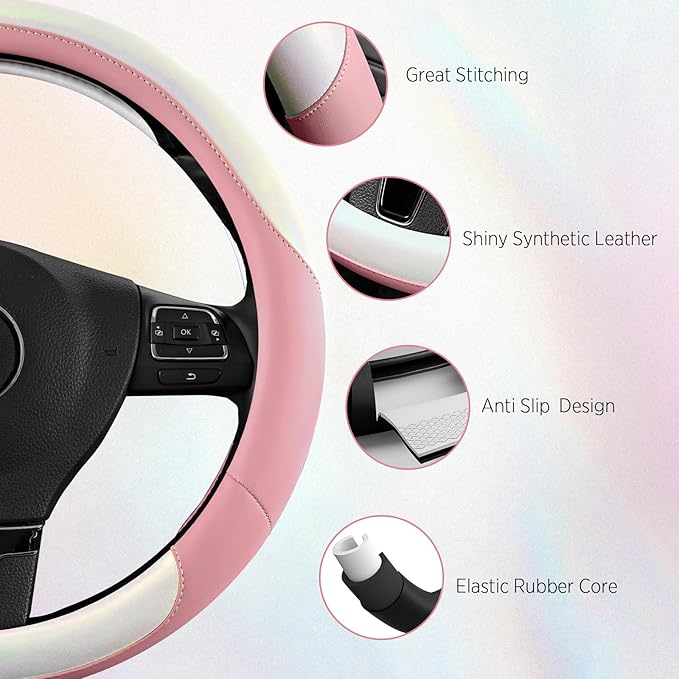 Road Comforts Steering Wheel Cover – Breathable Leather Steering Wheel Cover, Anti-Slip Grip, Universal Fit 14.5” to 15”, Heat & Cold Resistant for Cars, SUVs, and Trucks –Shining White & Pink