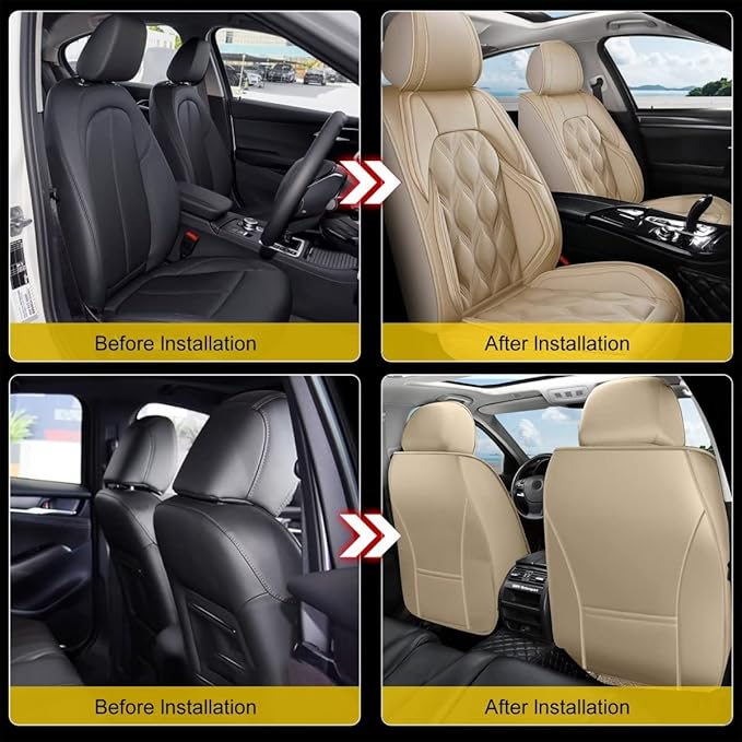 AOMSAZTO Car Seat Covers,2 Front Seats Custom Fit for Volkswagen Tiguan 2009-2026,Leather Carseat Automotive Cushion Covers Seat Protector,Airbag Compatible Waterproof Beige