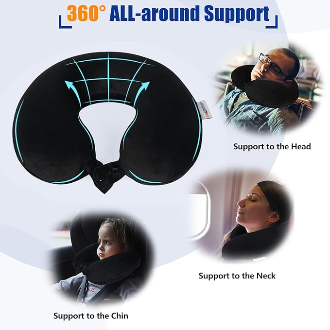 SAIREIDER Neck Pillows for Travel 100% Memory Foam Adjustable Travel Pillows with Storage Bag, Sleep Mask and Earplugs-Prevent The Heads from Falling Forward (Black)