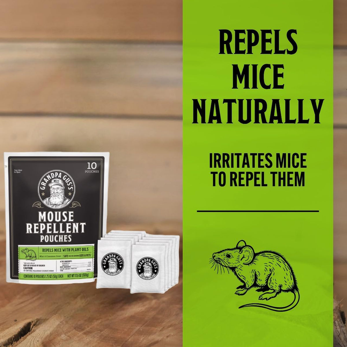 Grandpa Gus's Extra-Strength Mouse Repellent Pouches, Cinnamon/Peppermint Oils Repel Mice from Nesting & Freshen Air in Car/RV/Boat/Garage/Shed/Cabin, 1.75 oz (Pack of 10)