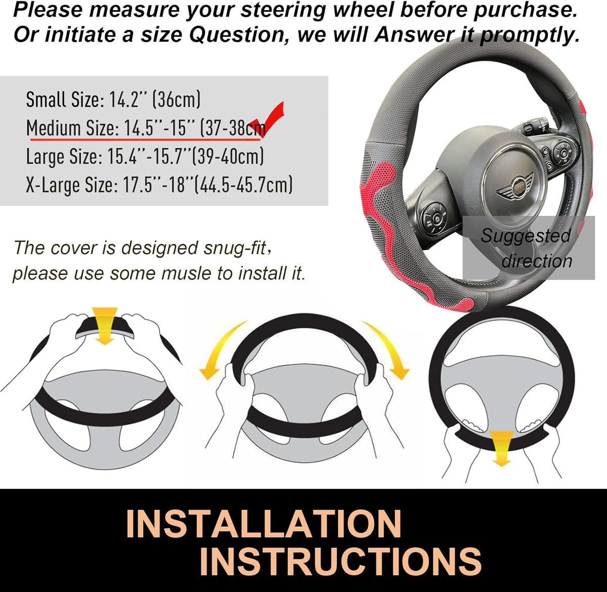 PINCTROT Comfy Grip Steering Wheel Cover, Anti-Slip Design, Universal 14.5-15 Inch(Silicone Red)