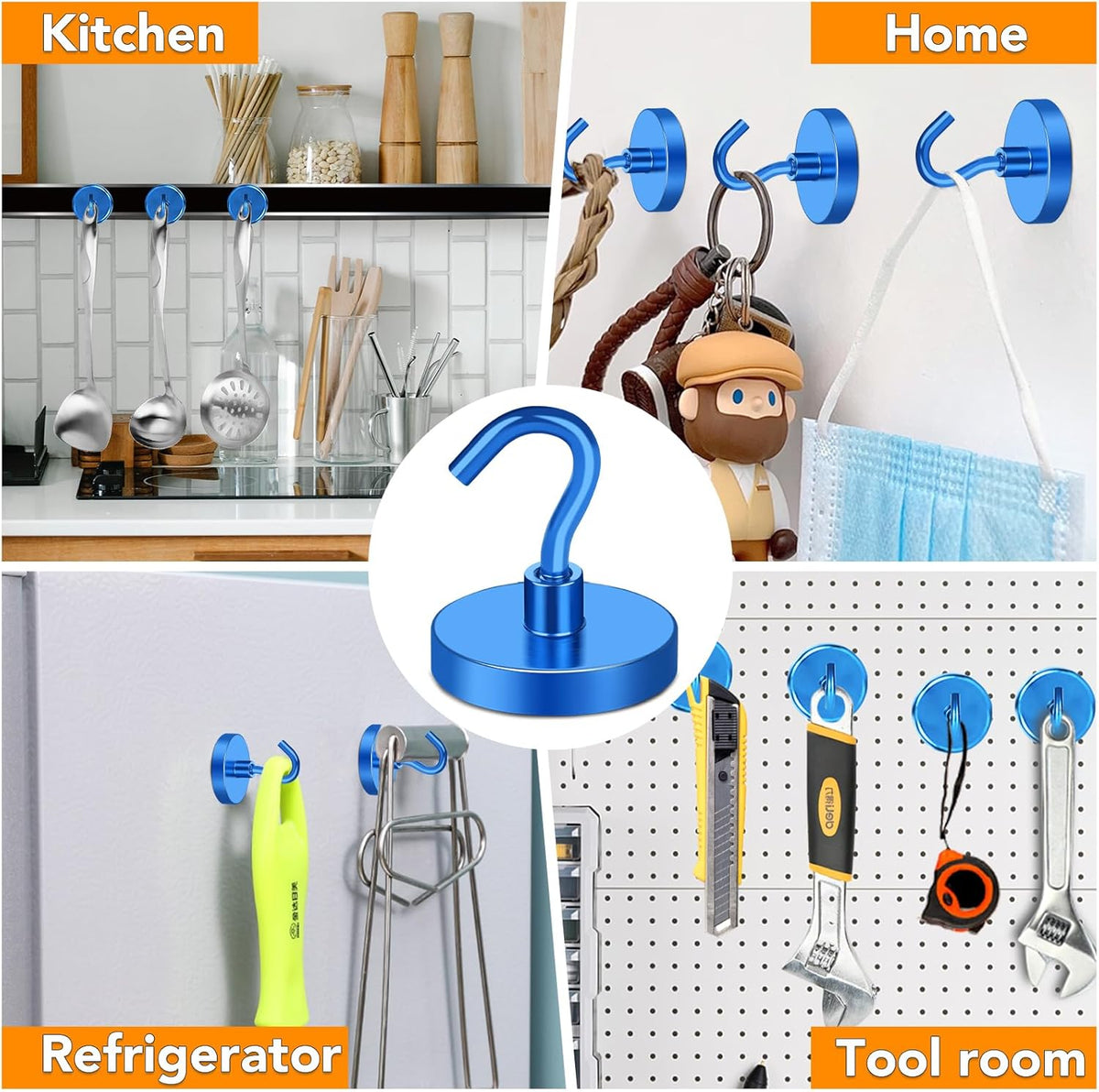 MIKEDE Magnetic Hooks Heavy Duty, 150LB Strong Magnet with Hook, Super Neodymium Extra Strength Industrial Hooks for Hanging, Toolbox, Cruise, Grill(Blue,10 Pack)