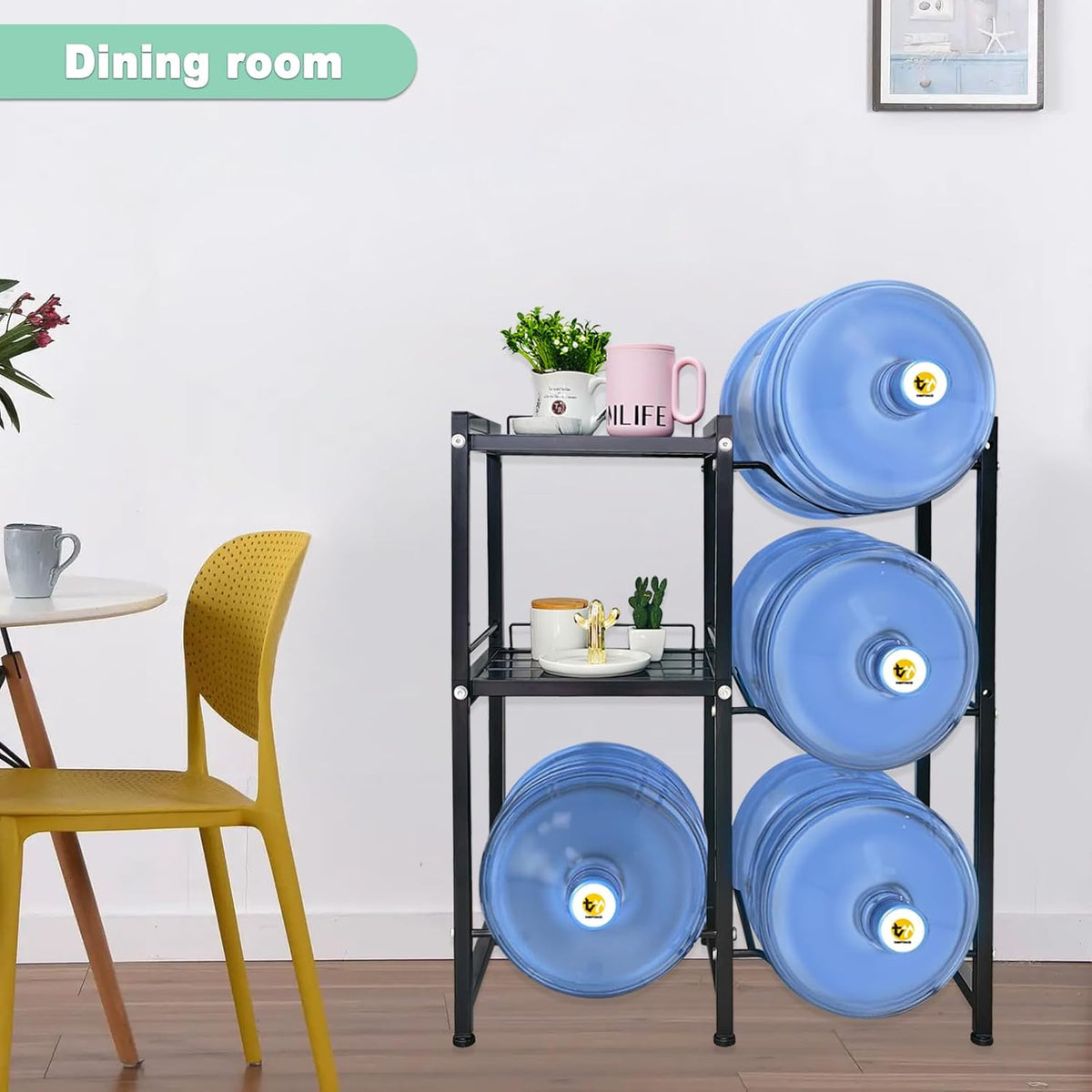 5 Gallon Water Jug Holder with 2 Storage Shelves, 3 Tier Water Bottle Holder Heavy Duty Jug Stand for Home Office Kitchen Organizer