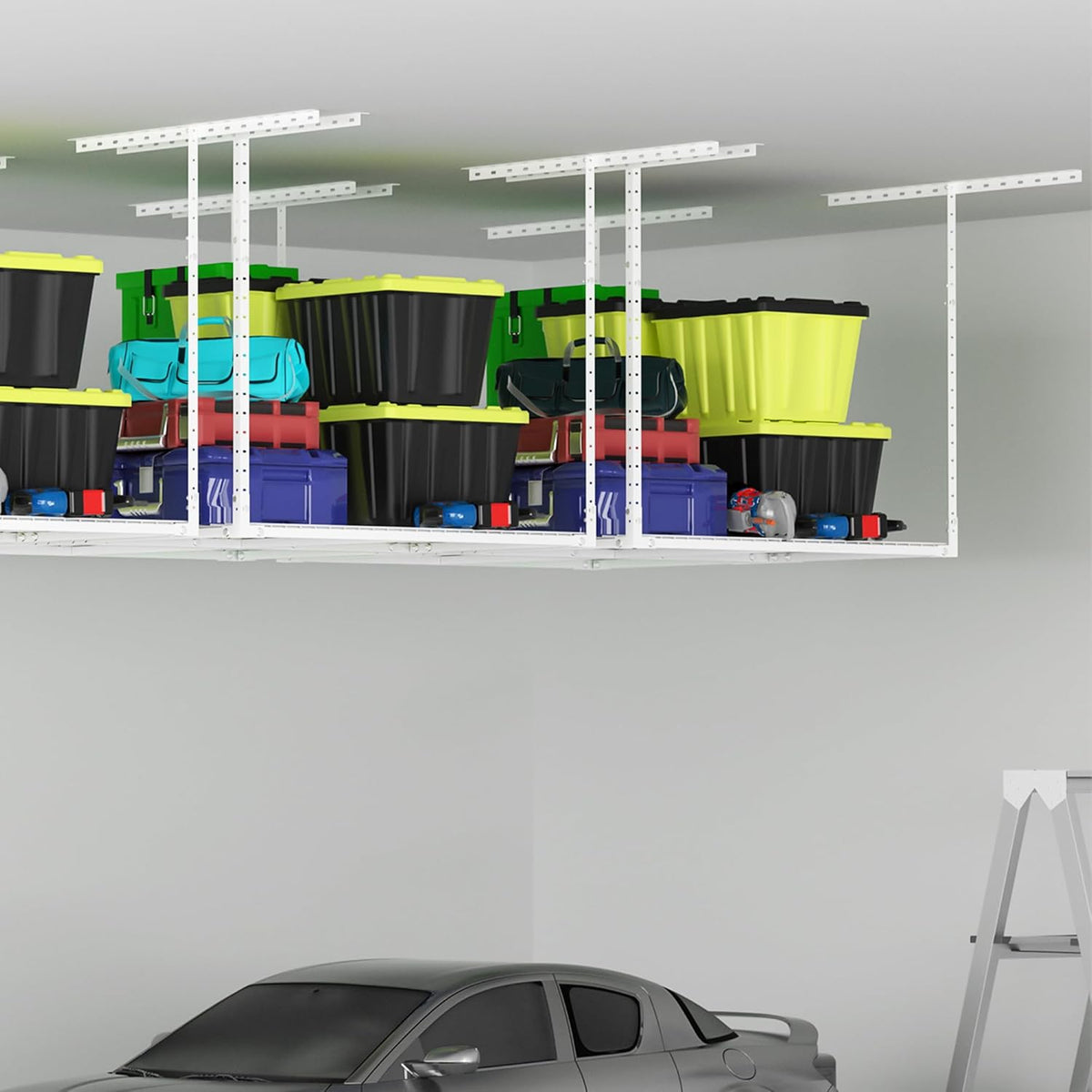 3 x 4FT Overhead Garage Storage Rack,Adjustable Ceiling Storage Racks,Garage Shelving Heavy Duty Storage Organizer System,400lbs Weight Capacity(White)
