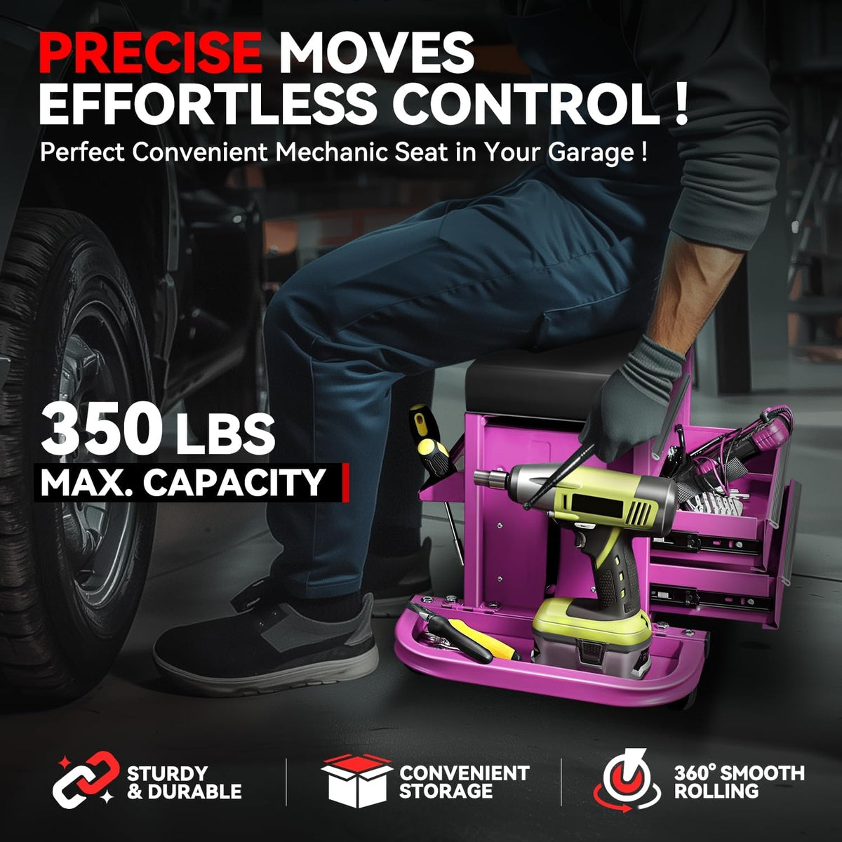 Auto Dynasty 3-Drawer Mechanic Rolling Seat, 350 LBS Capacity Roller Garage Shop Seat with Storage Tool Tray for Workshop, Repair Shop, Warehouse, Purple