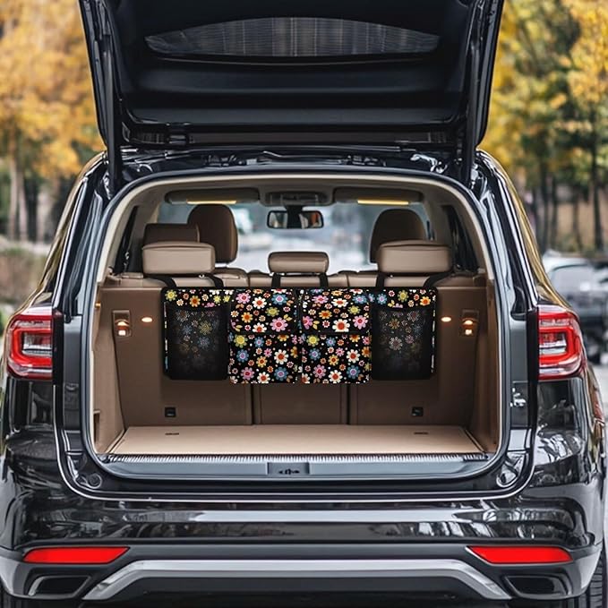 Colorful Hippie Flower Car Trunk Organizer and Storage, Large Capacity Backseat Hanging Storage with 4 Bag Car Accessories, Backseat Car Organizer Universal for Cars, Truck