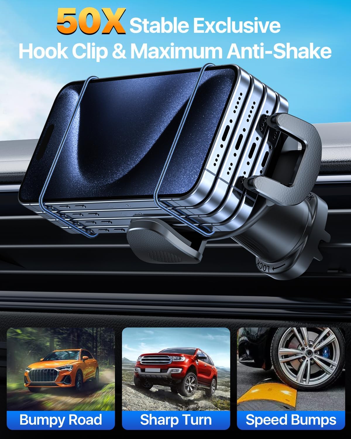 HTU 【Military-Grade Car Phone Holder,【Strongest & Longest Steel-Hook】 Car Vent Mount, Handsfree 360° Adjustable Automobile Cradle Air Clip Stand for iPhone 16 15 14 13 Pro Max Samsung,Sapphire Blue
