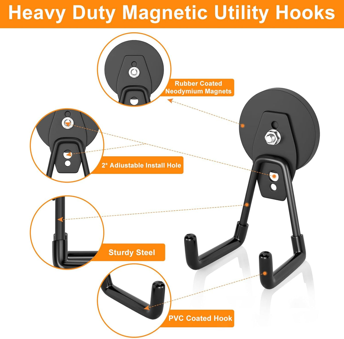 ENUODA Strong Magnetic Hooks 6 Pack Large Rare Earth Magnet Hooks Heavy Duty Utility Magnetic Tool Holder for Garage Organization, Van, Barn, to Hang Bag, Coat, Power Tool, Toolbox, Shovel, Broom,