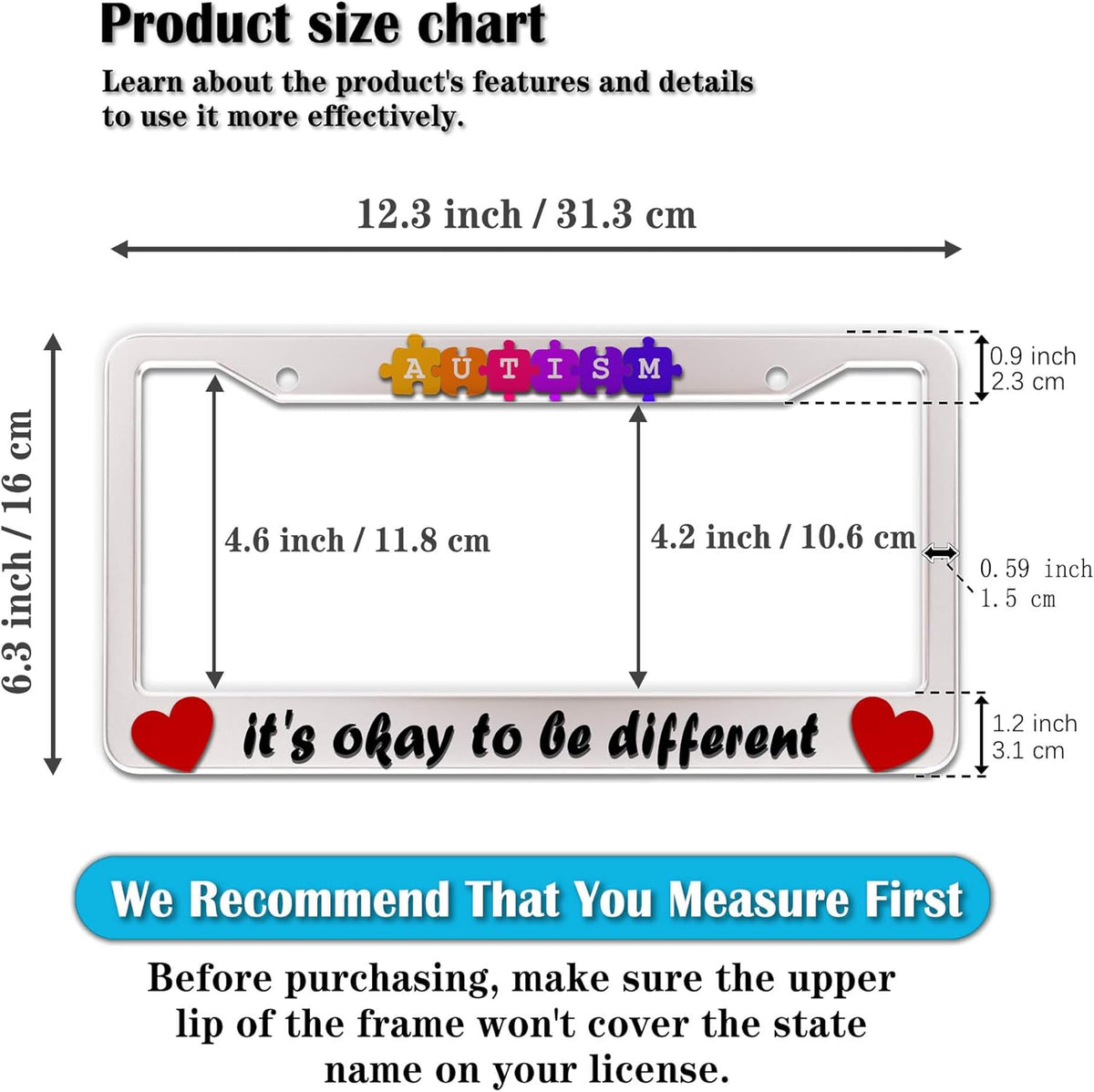 Automotive Exterior Accessories Multicolor License Plate Frames Autism It’s Okay to Be Different Aluminum Metal Car Accessory 2 Pack with Screw Covers Set