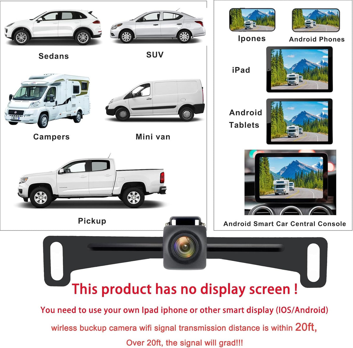 Wireless License Plate Backup Camera for Car/SUV - No Drilling WiFi HD 160° View, Waterproof Reverse/Rear View Camera with Real-Time Signal, Compatible iPhone/Android/iPad (Parking/Hitch Aid)