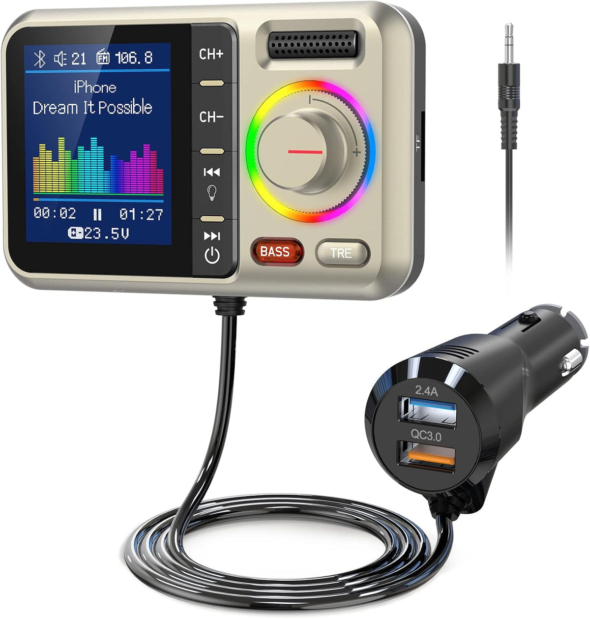 Nulaxy Bluetooth FM Transmitter for Car, Wireless Car Bluetooth Adapter with Big Color Screen, Support QC3.0 Fast Charging, Hands-Free Call, MP3 Music Player BASS&TRE Booster, TF Card AUX-KM28 Yellow