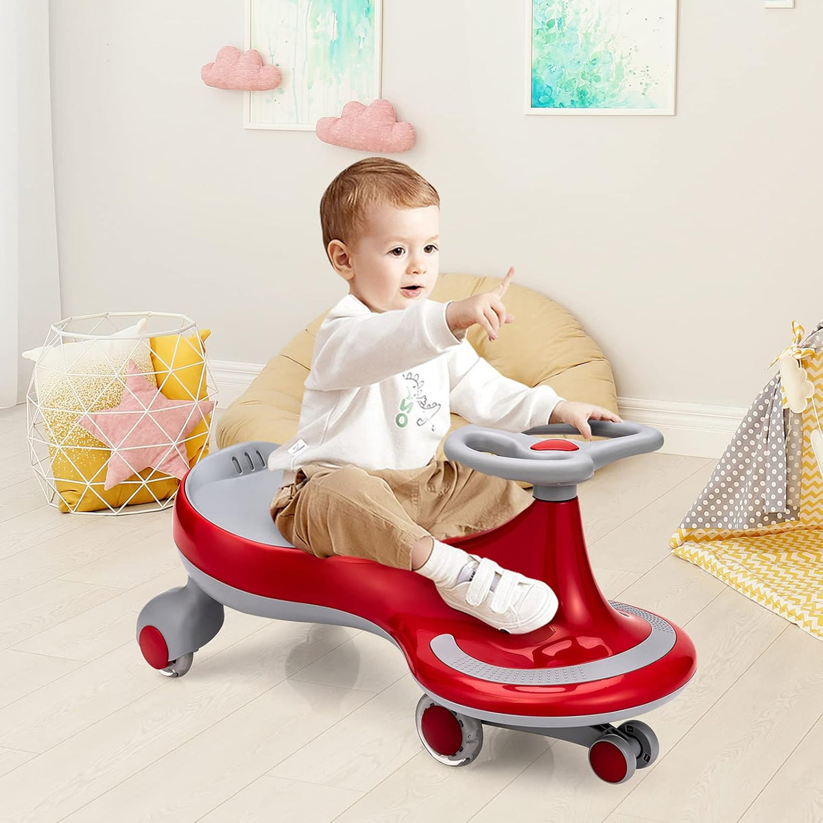 HONEY JOY Wiggle Car, 2 in 1 Swing Car for Kids, LED PU Flashing Wheels, No Batteries, Music, Gears or Pedals, Uses Twist, Turn, Ride On Toy for Toddlers Boys Girls 3 Years and Up (Red)