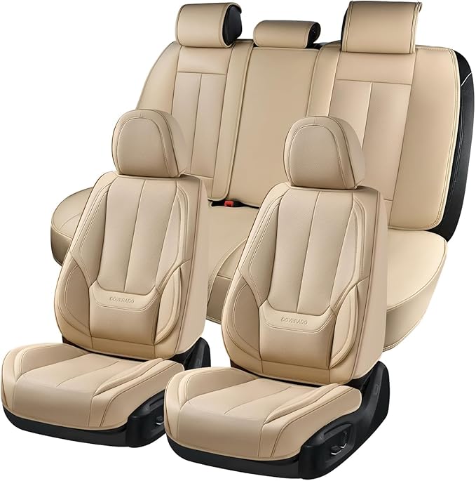 Coverado Car Seat Covers Full Set, Car Seat Protector Waterproof, Nappa Leather Car Seat Cushion, Beige Seat Covers for Cars, Front Seats and Back Universal Fit for Most Cars