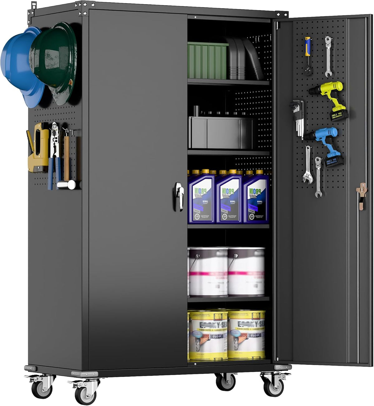 2025 Upgraded Wide & Deep Garage Storage Cabinet with Wheels, Lockable Metal Storage Cabinet with Pegboards and 9 Hooks, 2 Tool Pouches for Garage,4 Adjustable Shelves (Black,43''W x 22''D x 72''H)