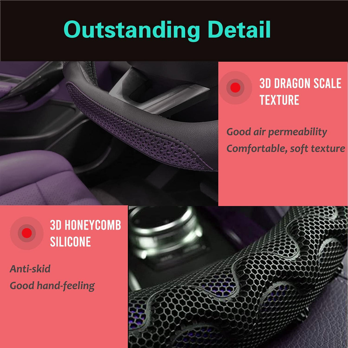 PINCTROT D Shaped 14 Inch Small Sized Steering Wheel Cover Great Grip with 3D Honeycomb Anti-Slip Design, Flat Bottom 14 Inch (Purple)