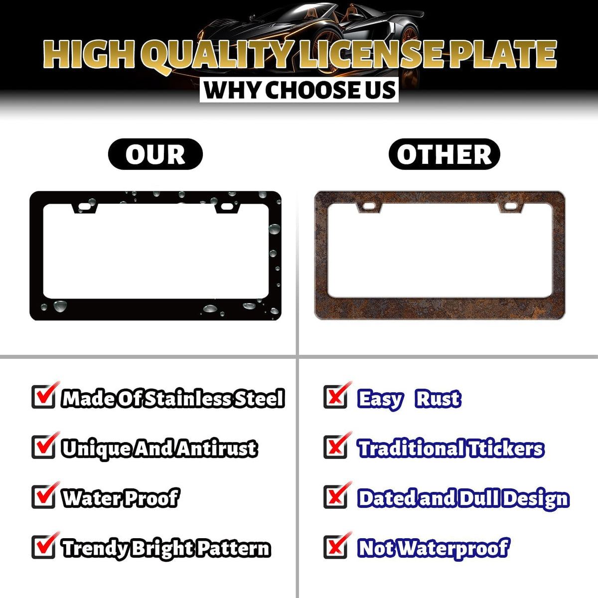 Vintage American Flag License Plate Frame USA Flag License Plate Holder Stainless Steel Funny Design with 2 Holes and Screws 12.3" x 6.3"
