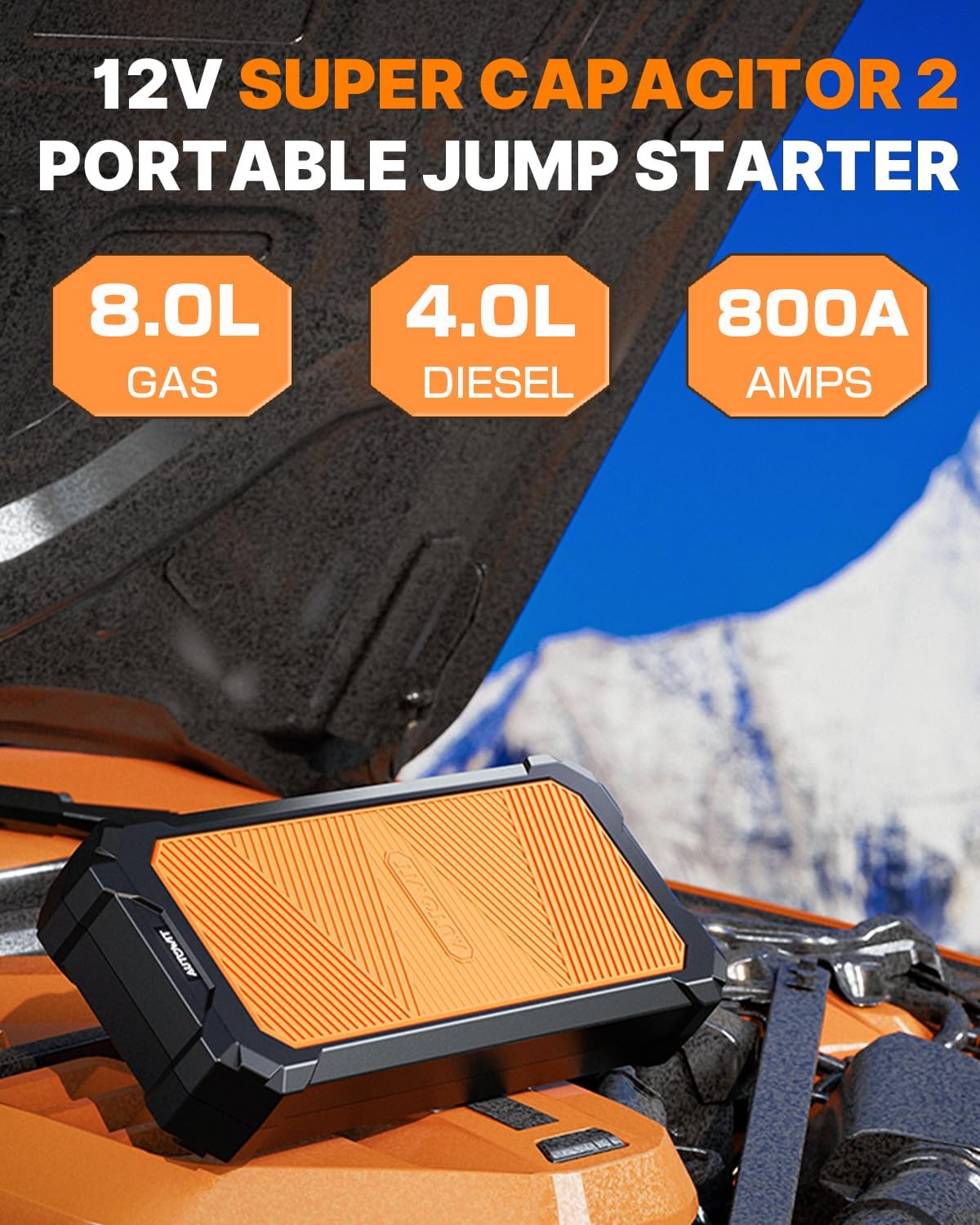 Autowit Super Capacitor Jump Starter, 12V Batteryless Portable Jump Box, Jumper Cables for 8.0 Gas&4.0 Diesel Car, Portable Jump Starter for Car Battery, Bulit-in Supercapacitor, No Need Pre-Charge