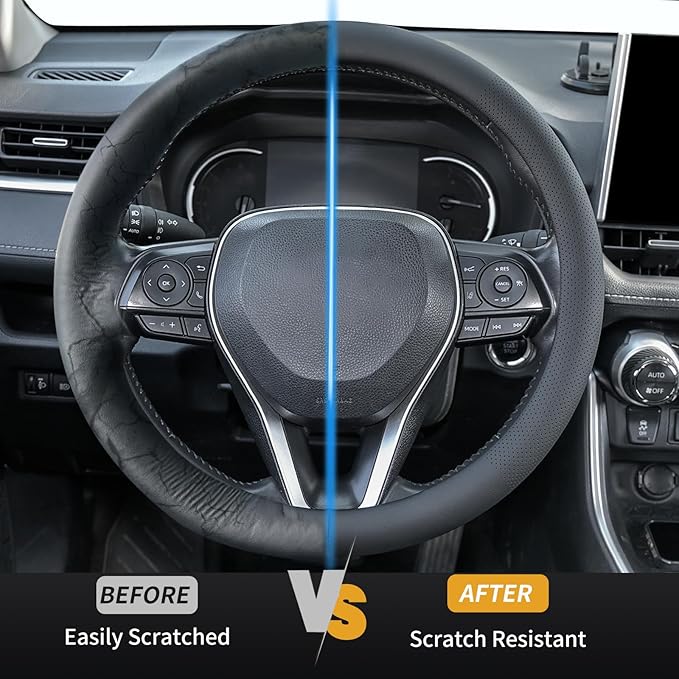 Nappa Leather Steering Wheel Cover, Universal 14.5–15 Inch Non-Slip Breathable Steering Wheel Cover for Cars, Black