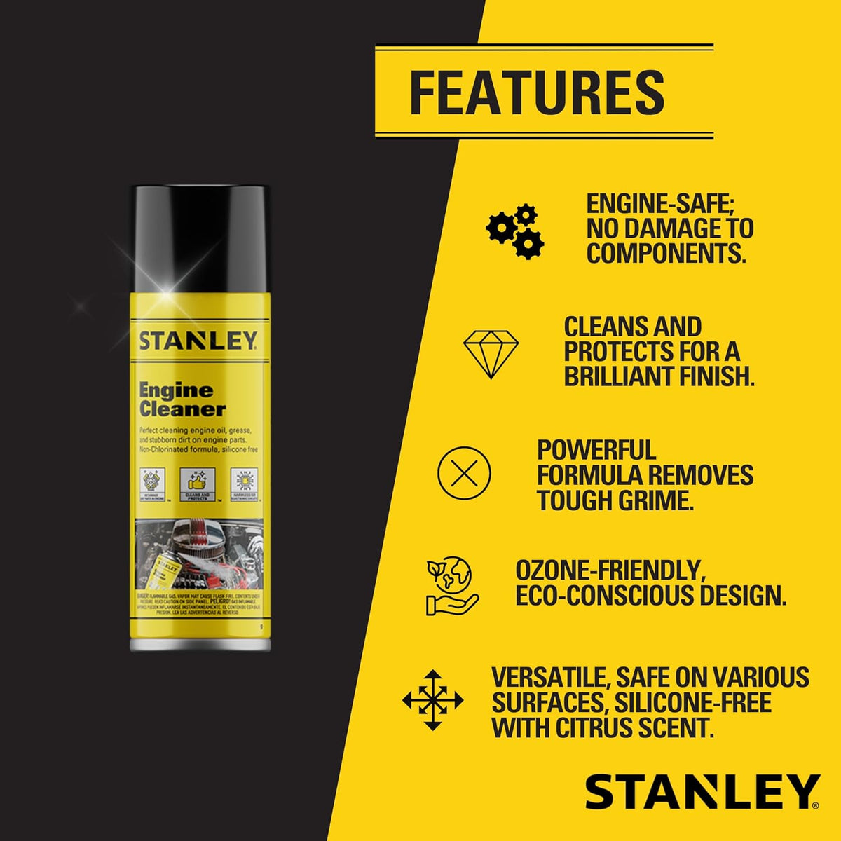 STANLEY AP 92 Engine Cleaner Spray - 12x12 Fl. oz., Automotive Degreaser Spray,Use for Tight Spaces, Non-corrosive - 1 Pack