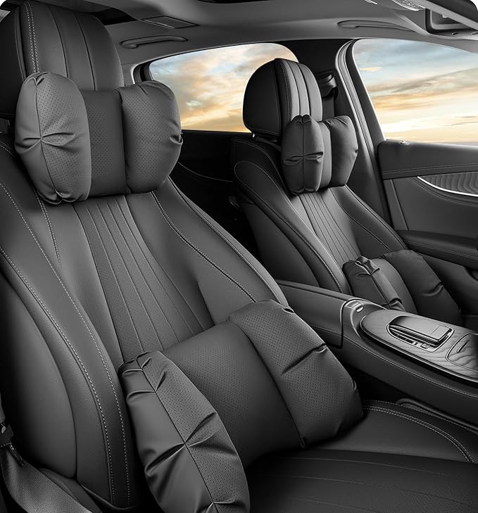 Car Neck Pillow & Lumbar Support for MINI F55 2025-2026 Ergonomic Breathable Mesh Auto Seat Back Cushion Headrest,Black-Neck & Lumbar Set