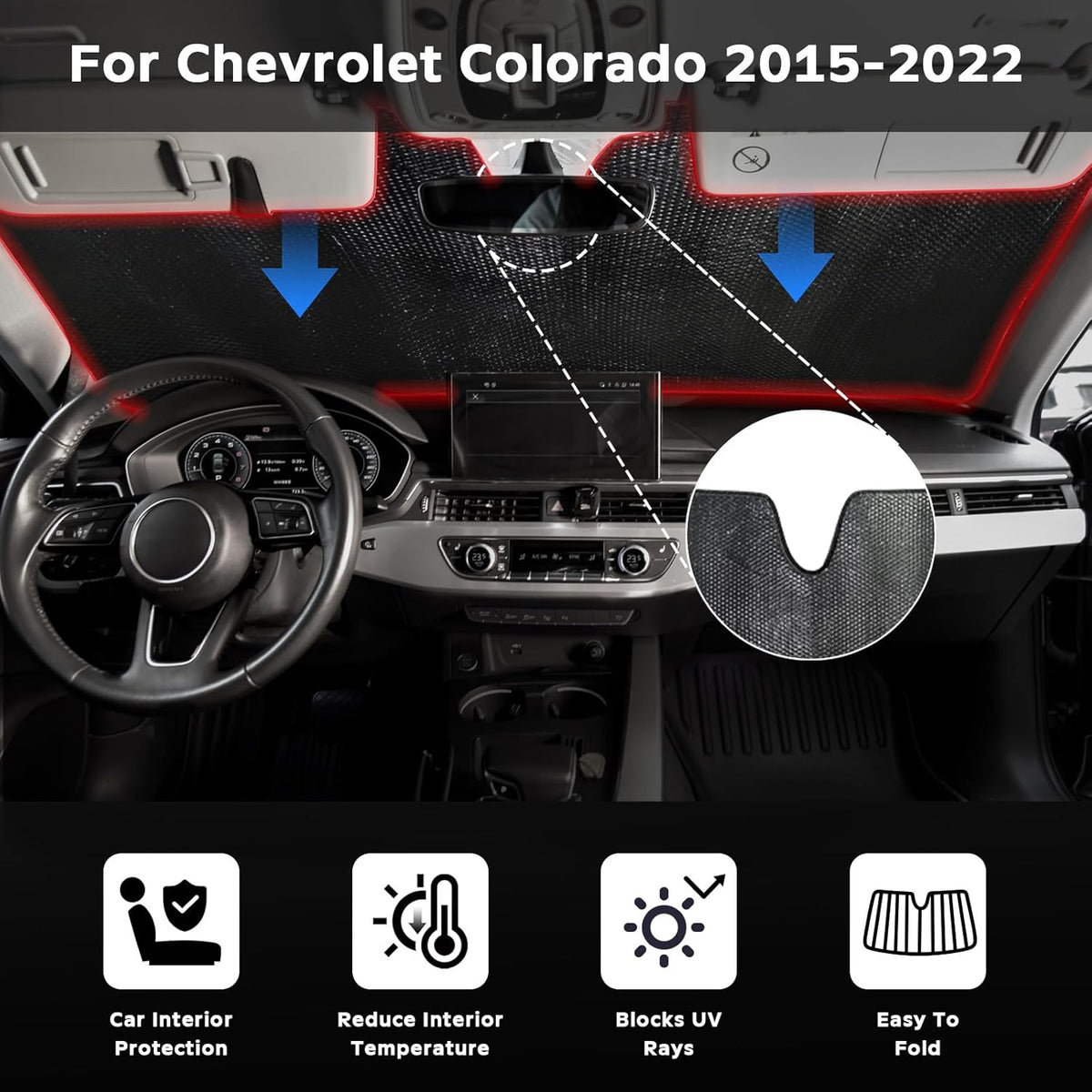 Windshield Sun Shade for Chevrolet Chevy Colorado 2015-2022 - 5-Layer Bubble Foldable Front Window Shade Sun Visor Accessories - Blocks Heat & UV Rays