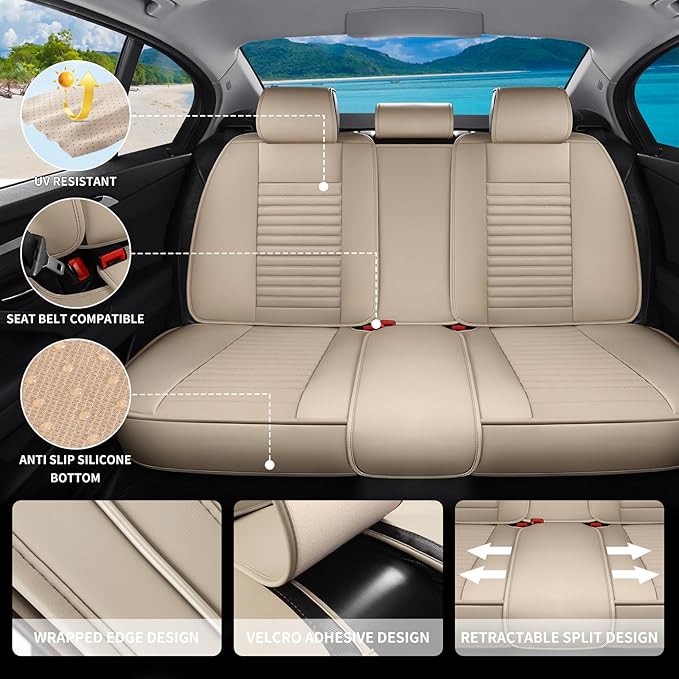 Car Seat Covers Full Set Fit for Toyota 4Runner 2001-2026, Premium Faux Leather Car Seat Protector,Breathable Anti-Slip Full Wrapping Edge Seat Covers(Beige,Full Set)