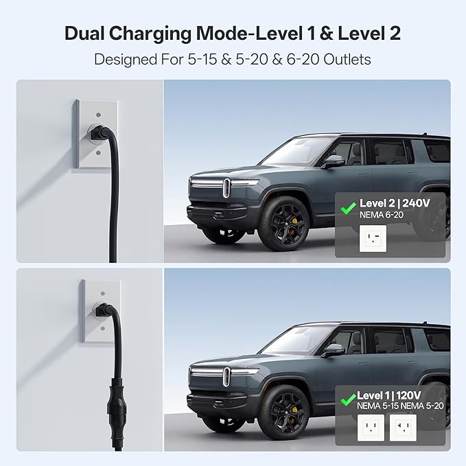 Level 1&2 EV Charger,J1772 16A EV Charger with 25FT Extension Cord Cable,Portable Electric Car Charger 240V NEMA 6-20 Plug&120V NEMA 5-15 Adapter for All SAE J1772