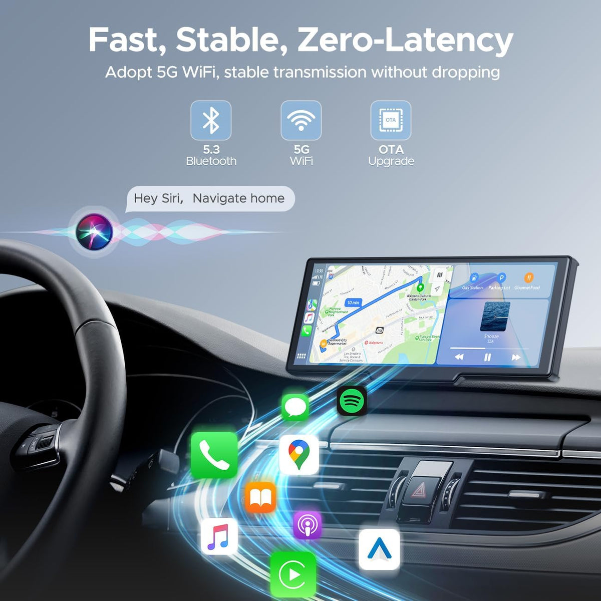 9.26'' Carplay Screen for Car with 2.5K Dash Cam and 1080P Backup Camera Portable Wireless Android Auto Screen GPS Navigation Mirror Link Voice Control Hands-Free for iOS 11+ Android 11+