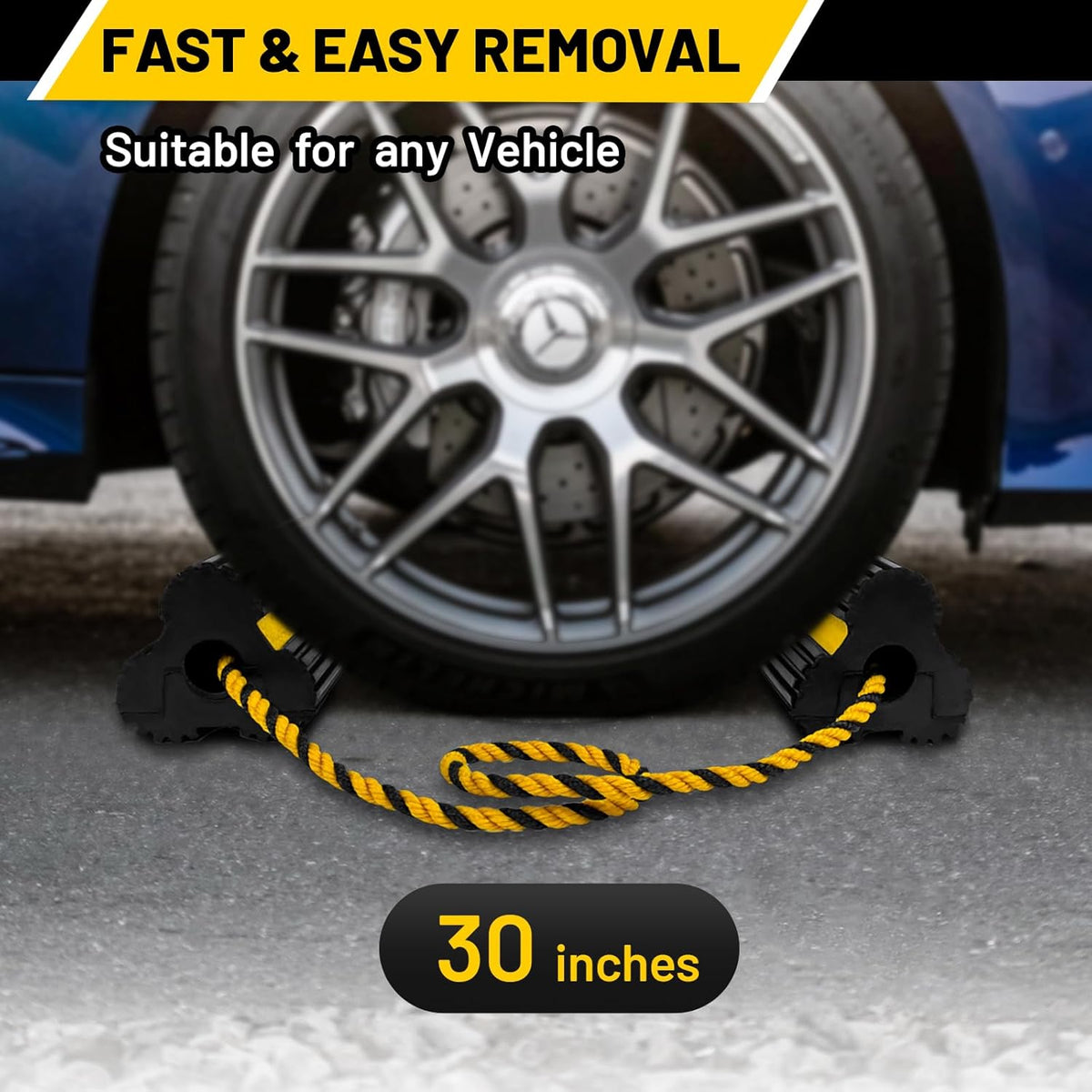 ROBLOCK 2 Pairs Wheel Chocks Heavy-Duty Rubber Wheel Block Non-Slip Base with Nylon Rope Yellow Reflective Tape - 4 Pack Wheel Stopper for Travel Trailers, Car, Camper, Truck, Black