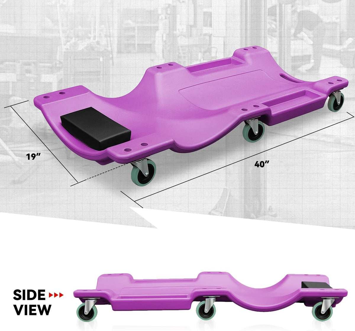 Auto Dynasty 40 Inches Mechanic Creeper, Automotive Garage Repair Low Profile Under Car Rolling Creeper with Padded Headrest, Plastic, Purple