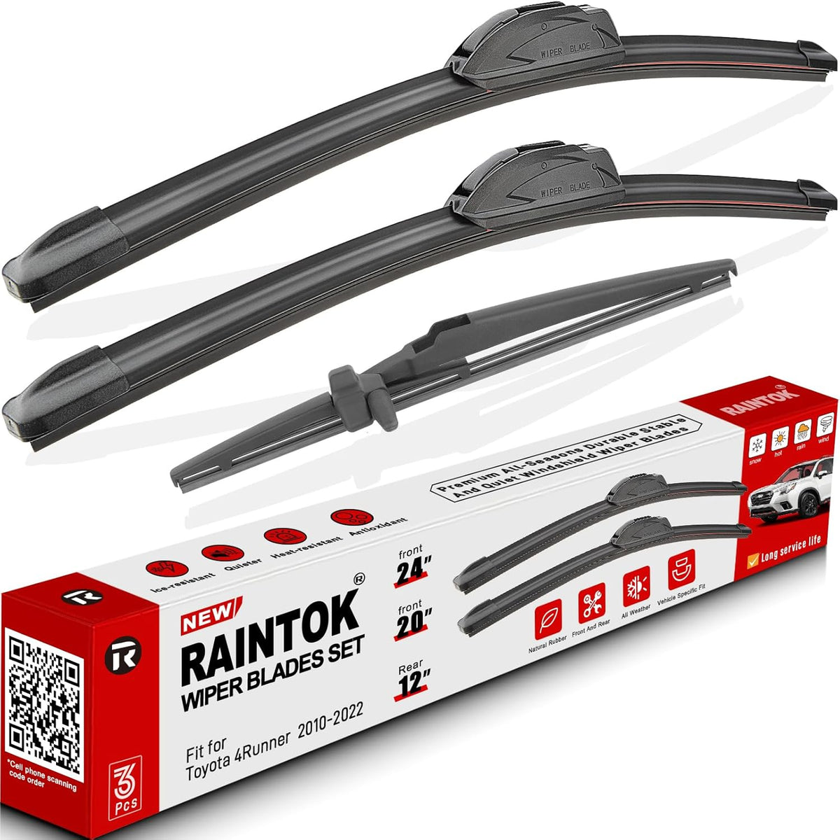 Windshield Wiper Blade Replacement for Toyota 4Runner 2010-2022 Original Equipment Replacement Front Rear Wiper Blades - 24" 20" 12" (Set of 3) U/J Hook